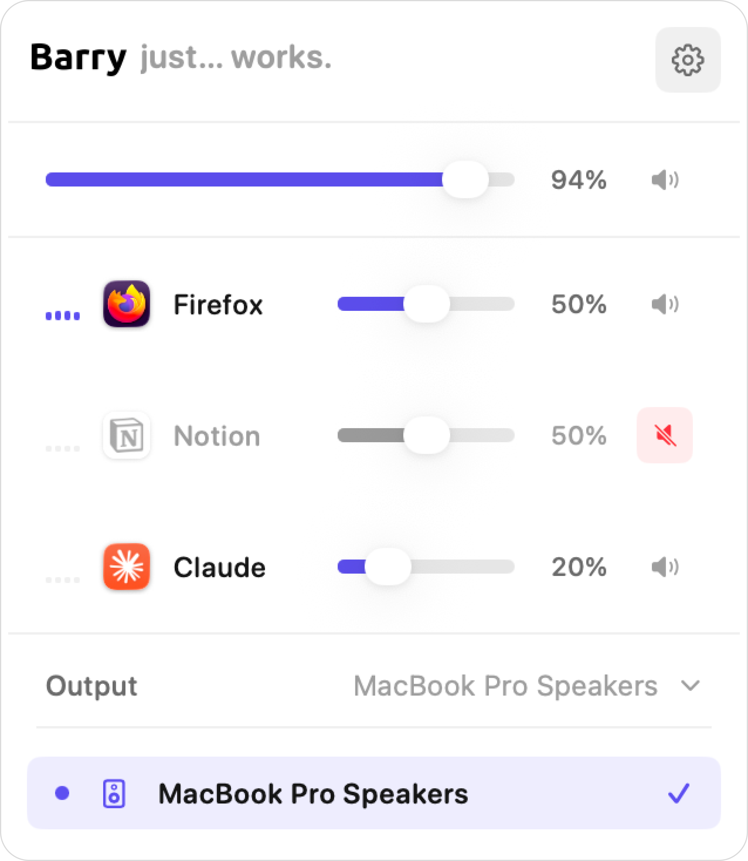 Barry app showing per-app volume controls